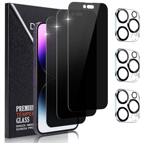 Didisky 3-Unidades Privacidad de Vidrio Templado Protector de Pantalla para iPhone 14 Pro Max 6,7'', y 3-Unidades Protector de Lente de Cámara, Anti-voyeur, Antihuellas, Sin Burbujas, 9H