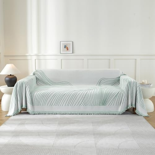 YSTELLAA Sofa Überwurfdecke 3 Sitzer, 180×340cm, Chenille AB Seiten Sofaüberwurf, Sofa Decken Überwurf Universal, Vier Jahreszeiten Sofabezug, Couch Überzug Mit Quaste, Hellgrün-Curve