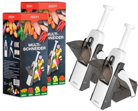 BEM Doppel-Set Multischneider Gemüseschneider Manuell mit Fingerschutz, 24in1 Mandoline Gemüsehobel, Pommesschneider, Gurkenhobel, Kartoffelschneider - Slicer mit Auffangbehälter - Kunstoff, BPA-frei