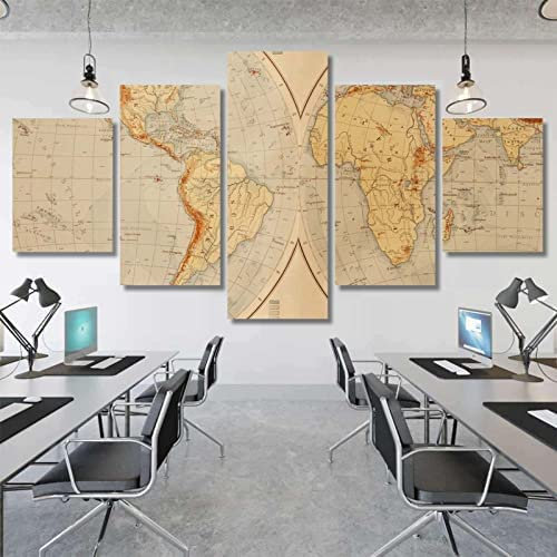 Canvas Prints Artwork 5 Panels Canvas Painting Hd Print Wall Art 5 Pieces Canvas Pictures 5 Piece Canvas Wall Art Old World Map (Xxl/With Frame 200 X 100 Cm) For Wall Decor Home Modern Dec -1K9I-I2O