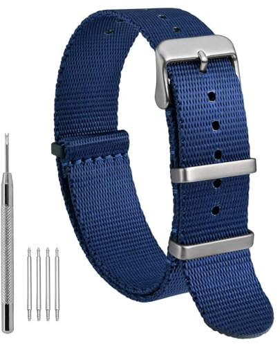 WOCCI 20mm Militär Nylon Uhrenarmband, Einteiliges Nylon Armband für Damen und Herren, Silberne Schnalle (Blau)