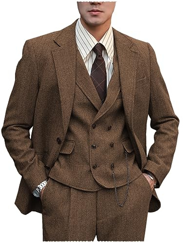 Tuikayoo Herren Anzug Formal Tweed Wolle Fischgrät 3 Stück Hochzeit Slim Fit Anzug Prom Smokings für Trauzeugen