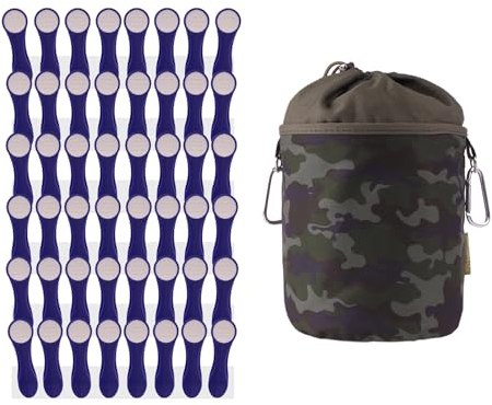 48 Wäscheklammern Wäscheclips mit Spiralfedern aus Edelstahl und Softgrip Indigo Weiß und 1 bellaCott Wäscheklammerbeutel Camouflage