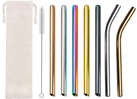 7 Pcs Reusable Straws - Extra Wide Stainless Steel Straws 12mm/0.5 Metal Drinking Fat Straw for Milkshake, Smoothie,Set of 7 with Cleaning Brush & Carry Bag (Multicolour)