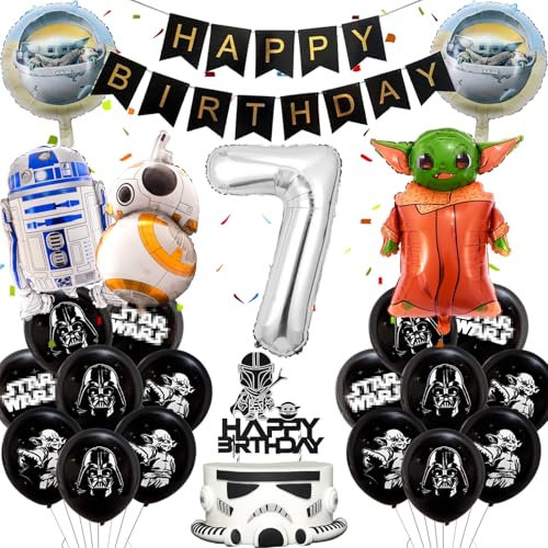 Star Krieg Luftballons Geburtstag Deko 7 Jahre Junge- Sterne Wars Geburtstagsdeko 7 Jahr Yod Ballon Girlande Tortendeko Roboter Folienballons Birthday Banner für Kindergeburtstag Party Supplies Deko