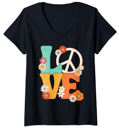 Damen Friedenszeichen Liebe 60er 70er Jahre Shirts 70er Jahre Outfits für Frauen T-Shirt mit V-Ausschnitt