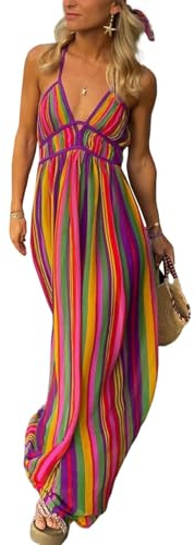 Frauen Chiffon Sleeveless Boho Beach Backless Regenbogen Kleid Maxi Kleider Resort Sommerkleid,Rainbow,M