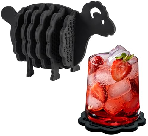 BAOHUAHU Sheep Silikon Untersetzer Set, 7 Stück Hitzebeständige und rutschfeste Untersetzer, Glasuntersetzer-Set, Geeignet für Getränke, Tassen, Gläser und Pfannen (Schwarz)