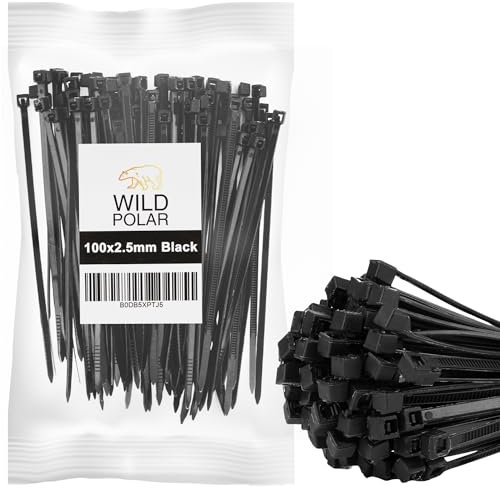 Wild Polar Strong Self-Locking Cable Ties Black - Pack of 100 Nylon Small Zip Ties for Cable Management - Durable Plastic Ties for Home, Office & Outdoor, 100mm x 2.5mm