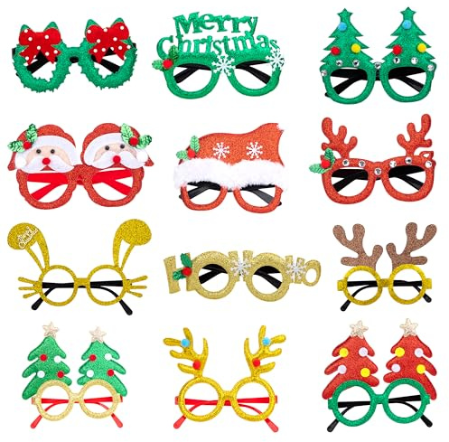 Wisplye Weihnachten Party Brillen, 12 Stück Lustige Weihnachtsbrille, Kreative Weihnachtsgläser Nette Partybrille für Weihnachten, Party, Dekorationen, Erwachsene und Kinder