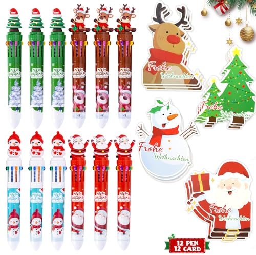 Beinup 24 Stück Weihnachts Kugelschreiber mit Weihnachtskarten, 10-in-1 Einziehbare Kugelschreiber, Multicolor Farbwechselstifte, Weihnachten Schreibwaren, Weihnachtsgeschenke für Kinder