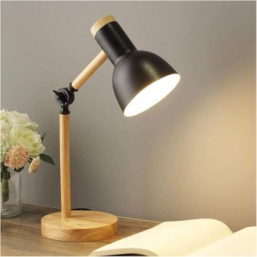 Lampe de table de chevet, lampe de bureau en bois moderne avec abat-jour en métal Lampe de chevet réglable pour bureau, salle d'étude, chambre à coucher, salon, chambre d'enfant, lecture,Noir
