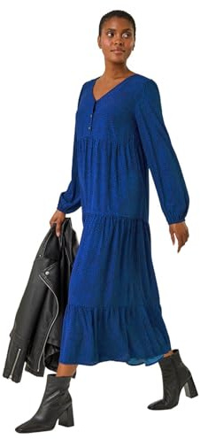 Roman Originals Spot Button Detail Smock Midi Dress for Women UK - Ladies Everyday Autumn Winter V-Neckline Comfy Soft Evening Vacation Work Party Night Out - Blue - Size 18