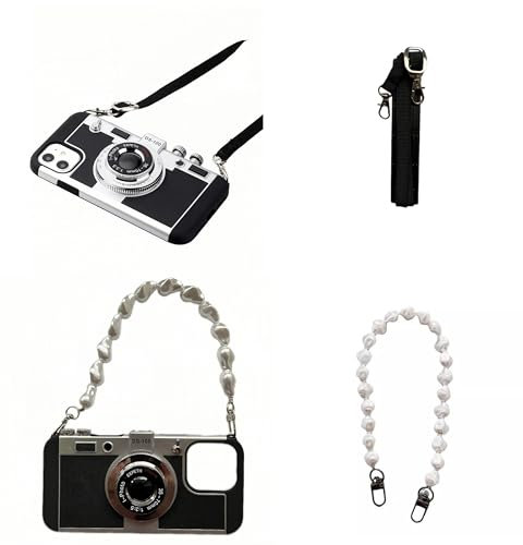 Gifts for Her Emily Phone Case for iPhone 16 Pro case with Charm Pearl Strap mobile Phone Case for iPhone Case Vintage Style with Crossbody Strap for Girls Women Gift Black
