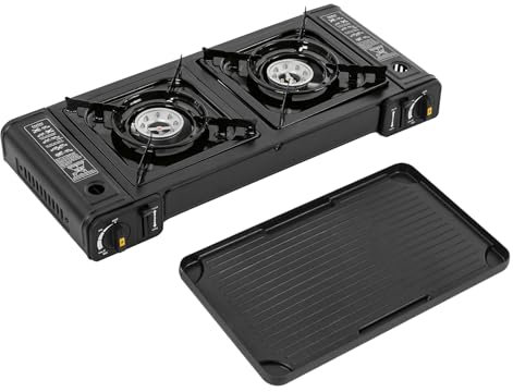 Réchaud à gaz portable à 2 feux - Pour bouteille de gaz - Plaque de cuisson incluse - Fonction d'allumage piézo automatique - Réchaud à gaz pour bouteille de gaz - Cuisinière à gaz en aluminium pour