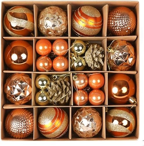 Top Sale 42-Piece Shatterproof Christmas Tree Hanging Baubles with Pine Cones - 9 Designs in Matte, Glitter & Shiny Finish - 60 mm & 30 mm - Gold and Orange with Pine Cones