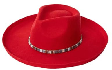 Fedora-Hut für Damen, 100 % australische Wolle, mit buntem Gürtel, breiter Krempe, Filzhut, einfarbig, Panamas, rot, S