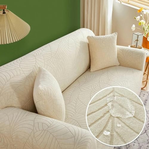 Dicker, elastischer Wohnzimmer-Sofabezug für 4-Sitzer, L-förmige Eckcouch, Beige, 235 x 300 cm