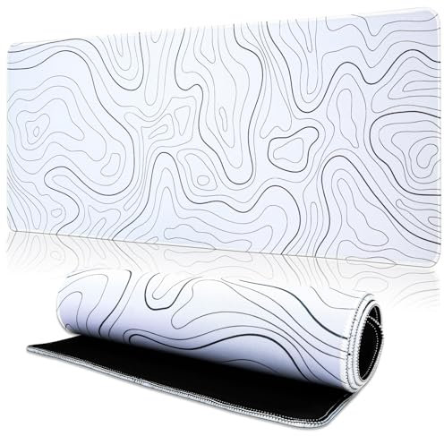 TOPWAYS Mouse Mat Mouse Pad, Large Desk Mat Gaming Mouse Pad Keyboard Mat Desk Pad Mousemat Extend Long Mouse Mat for Keyboard and Mouse 800 x 300 x 3mm (White Topographic)