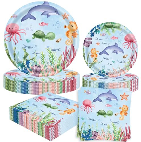 52PCS Ocean Plates and Napkins Under The Sea Decorations for 16 Guests Dinner Desserts Plates Sea Animal Underwater Beach Pool Summer Baby Shower Birthday Party Supplies Photo Booth Props