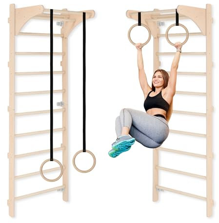 Espaldera con anillos de madera ajustables, dispositivo de entrenamiento para adultos y niños, fitness en casa, entrenamiento de fuerza y movilidad, madera natural, montaje en pared, fabricado en la
