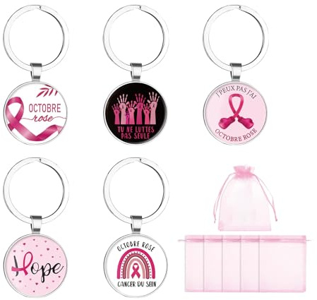 BMGRKYQX 5pcs Porte-Clés Octobre Rose Ruban,Cancer du Sein Porte-Clés avec Sac en Organza Rose, Accessoires Cadeau Mots Inspirants pour Femmes
