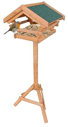 Relaxdays Bird Feeder with Stand, Weatherproof Roof, Garden & Terrace, Bird House, Natural Fir Wood, Orange