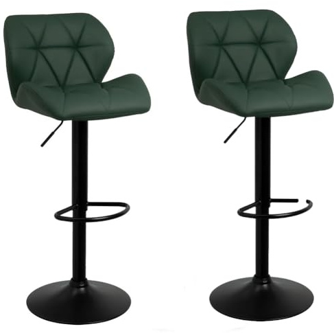 Relax World Set mit 2 gepolsterten Barhockern mit Rückenlehne, gesteppter Sitz aus grünem Kunstleder, Höhe verstellbar 85 – 105 cm, Basis drehbar um 360 ° aus Metall, Schwarz (Grün)