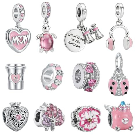 12 Pièces Breloque Charms pour Bracelet, Charme pour Pandora Femme | Charms et Perles pour Femme, Création Bijoux, Cadeau Fille Anniversaire, avec Motifs Cœur, Cochon, Fleur, Lettre Mom