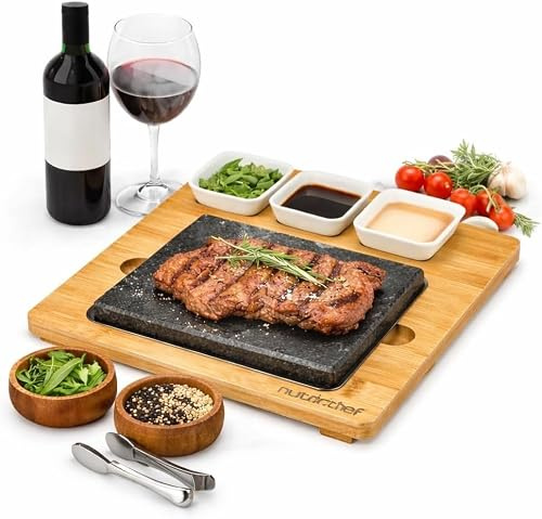 NutriChef Steak Stone Grill, Hot Stones Steak Set, with Bamboo Platter, Stainless Steel Tray, and Ceramic Sauce Bowls, Perfect for Indoor Outdoor Dining, Cooking, Parties and Gifts