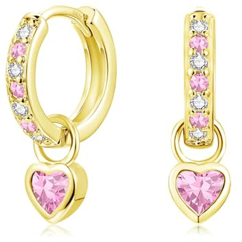 Lynizo Ohrringe Silber Hängend, Klein 925 Sterling Silber Mädchen Creolen | Süß Herz Kinder Creolen Ohrhänger mit Grün Rosa Aquamarin Lila Fuchsia Zirkon,12mm Damen Hypoallergen Schlafen Hängeohrringe