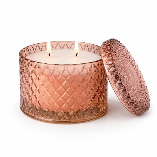 Pomegranate & Cassis Scented Candle – Rose Gold Embossed Glass Jar with Lid | 20 Hour Double Wick | Luxury Home Fragrance Decorative Candle Gift (Pomegranate & Cassis)