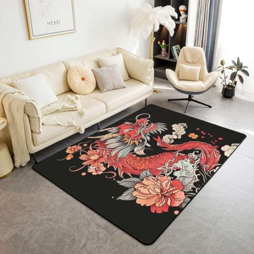 Homewish Ästhetisch Drache Kinder Teppich 100x150 Neuer New-Chinese-Style Rugs for Living Room Blume Pfingstrose Ukiyo-e Teppiche Glückswolken Orientalischer Dragon Jungen Pflegeleicht Carpet Stilvoll