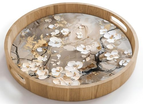 OnlyWow© Vassoio Vassoi Da Portata Di Legno Quercia Per Caffe Resistente Ai | 40x40 cm - Rotondo - Graffi Design Tray Decorativo Servitore Fiori - Bianco - Oro - Beige - Lusso