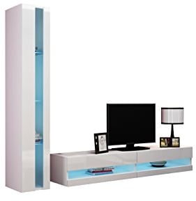 Wohnwand Vigo New VIII, Design Mediawand, Modernes Wohnzimmer Set, Anbauwand, Hängeschrank TV Lowboard, Vitrine (mit weißer LED Beleuchtung, Weiß/Weiß Hochglanz)