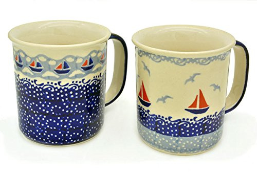 Bunzlauer keramik Becher gerade, 220 ml, 2er Set (Dekore Segelschiff klein und Segelschiff Gross)