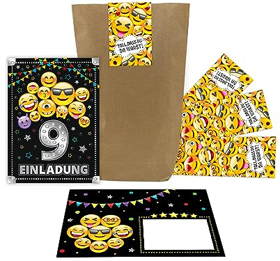 12 Einladungskarten 9. Geburtstag Kinder neunte Kindergeburtstag Mädchen Jungen incl. 12 Umschläge, 12 Tüten/natur, 12 Aufkleber