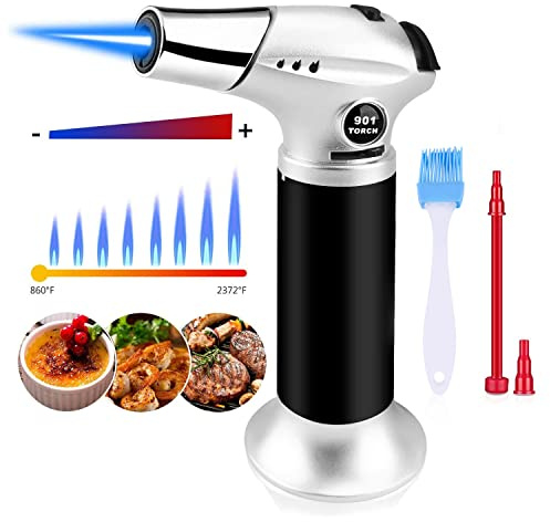 Butane Torch, Kitchen Blow Torch Cooking Torch Lighter Refillable with Safety Lock and Adjustable Flame for Creme Brulee, Baking, BBQ, DIY Soldering (Butane Gas Not Included)