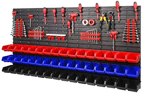 Lagersystem Wandregal - 1544 x 780 mm – 48 Stapelboxen mit Wandplatten + Werkzeughalter – Werkstattwand Set XXL 84 Elemente (Rot/Schwarz/Blau)