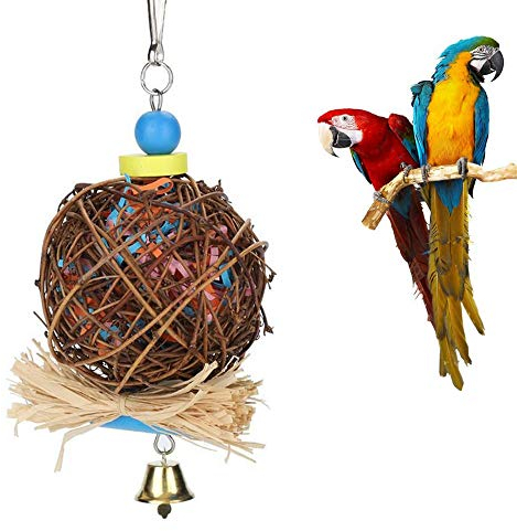 Vogelkauspielzeug, Vogel-Kauspielzeug aus natürlichem,Rattanball mit Papierstreifen und Metallglocke, Vogelpapageienspielzeug Schaukel für Vögel, Sittiche, Papagei Thront