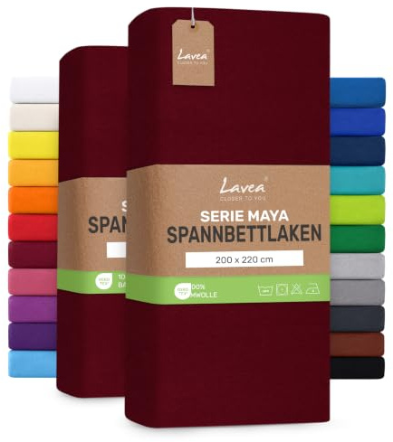 Lavea® 2er Pack Spannbettlaken 200x220cm – Bordeaux | 100% Baumwolle – Für Boxspringbetten und Wasserbetten – Für Matratzen bis ca. 35 cm Höhe – Formstabil
