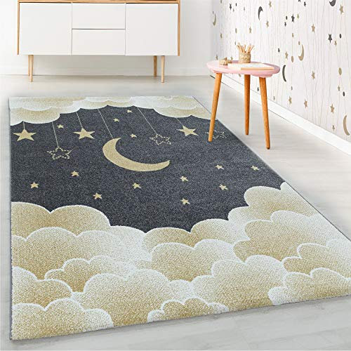 HomebyHome Kinderteppich Kurzflor Wolken Sterne Mund Design Kinderzimmer Babyzimmer Spielzimmer 8 mm Florhöhe Weich Rechteckig Rund Läufer Gelb, Farbe:Gelb, Grösse:160x230 cm