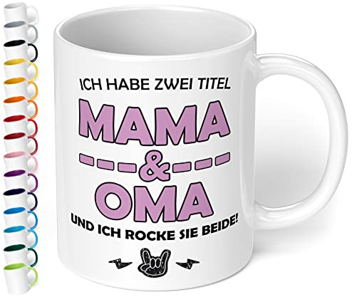 Lustige Mama und Oma Tasse - Ich habe zwei Titel und ich rocke sie beide - spülmaschinenfest - beidseitig bedruckt, innen Weiß