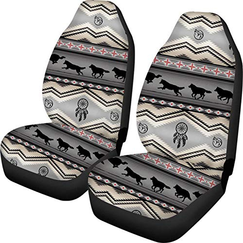 Belidome Autositzbezüge für Vordersitz, Stretch, rutschfest, universelle Passform, 2 Stück, Azteken-Southwest-Stil, Grau, Tribal Wolf