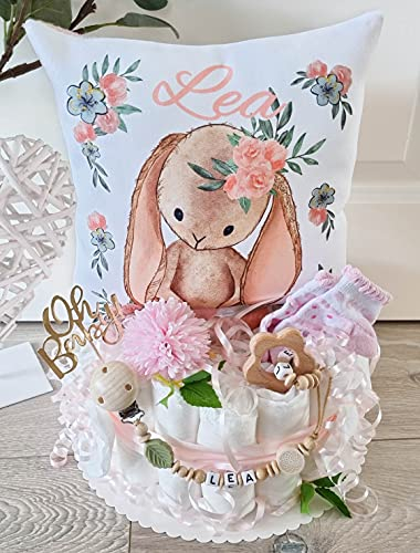 Windeltorte mit Name - Kuschelkissen Hase I Schnullerkette & Greifling - Geschenk, Babyparty, Geburt oder Taufe + auf Wunsch, gratis Grußkärtchen