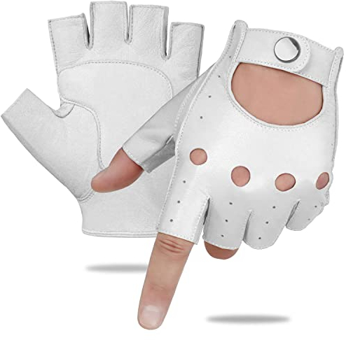 GSG Herren Fingerlose Lederhandschuhe Ungefüttert Halbfinger Leder Fahrhandschuhe Schaffell Weiß S