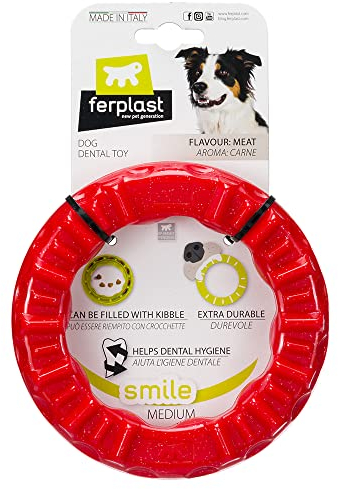Ferplast Hunde Spielzeug, Futterspender, Trockenfutter oder Leckerli, Ring aus Strapazierfähigem Material, Fleischgeschmack, für die Zahnhygiene, Smile Fitnessring, Mittelgroßes Hundespielzeug, Rot