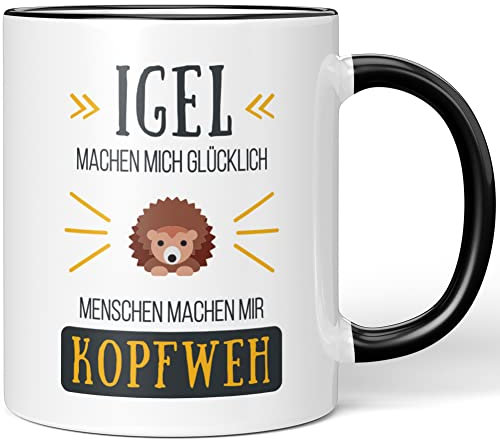 JUNIWORDS Tasse, Igel Machen Mich glücklich Menschen Machen Mir Kopfweh, Wähle Farbe, Schwarz
