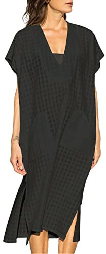 Bsubseach Women Short Sleeve Swimsuit Cover Up Sexy Deep V Neck Beach Long Dress Black