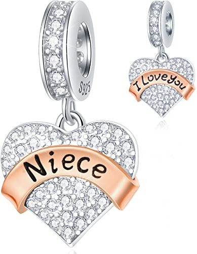 Niece I Love You Heart Pendant Charms in 925 Sterling Silver, Fits Pandora Birthday Bracelet/Necklace, Pave CZ Dangle Beads with Rose Gold Ribbon, Aunt/Auntie Gift for Boy/Girl